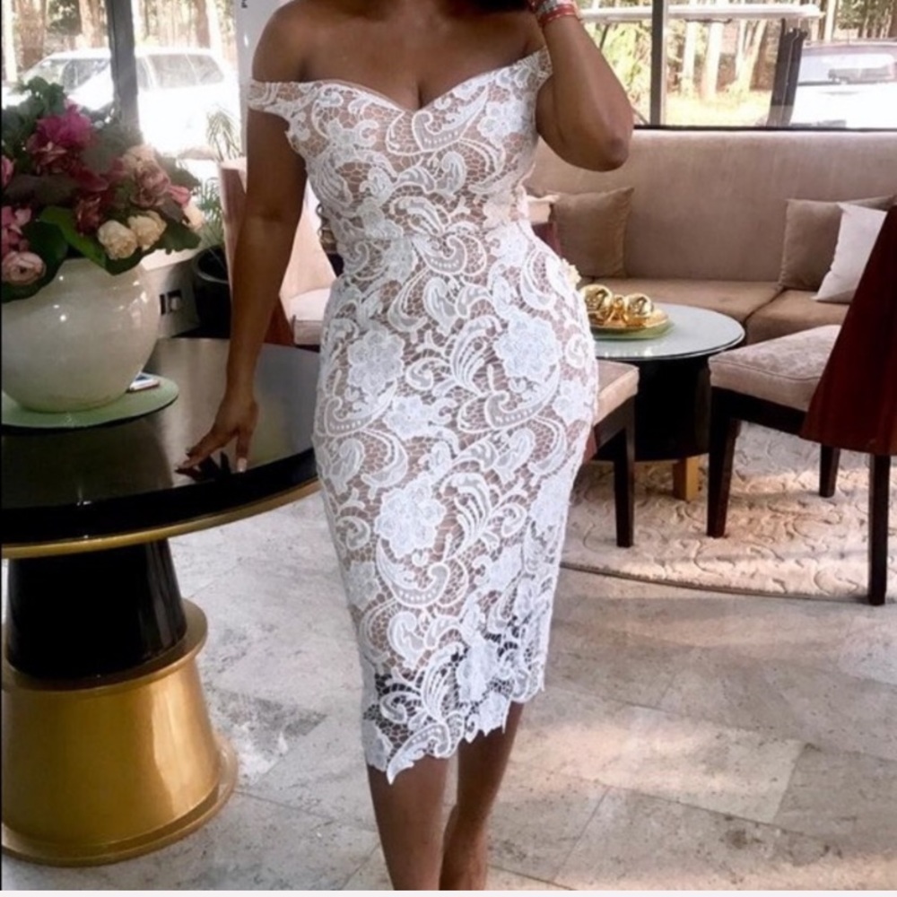 Revolve, off the shoulder lace white dress.